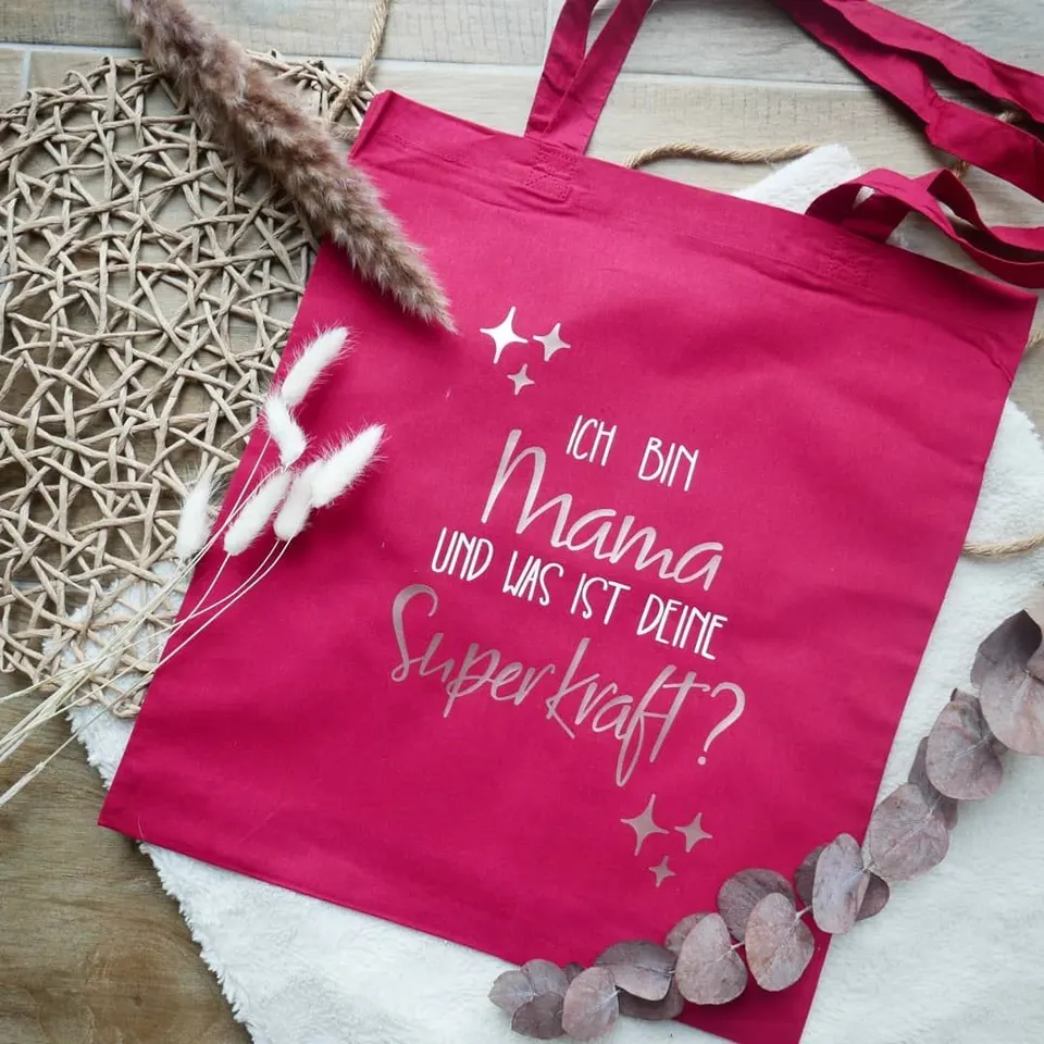 Pinker Baumwollbeutel mit Ich bin Mama, und was ist deine Superkraft