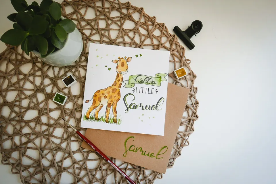 Glückwunschkarte zur Geburt mit Giraffe und dem Namen Samuel