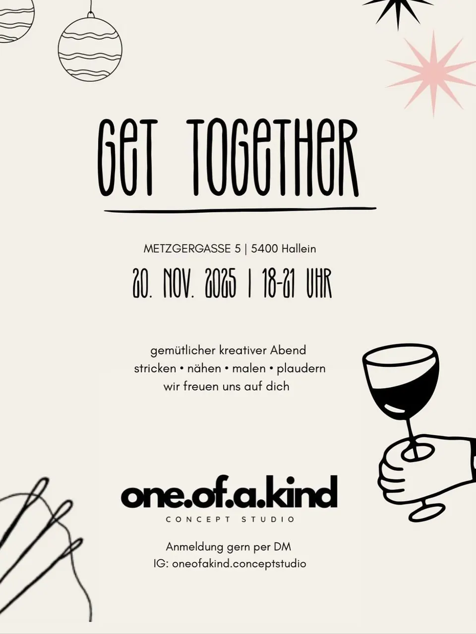 Plakat Get Together, 20. November 2025, 18 bis 21 Uhr, Metzgergasse 5, 5400 Hallein: gemütlicher kreativer Abend, stricken, nähen, malen, plaudern