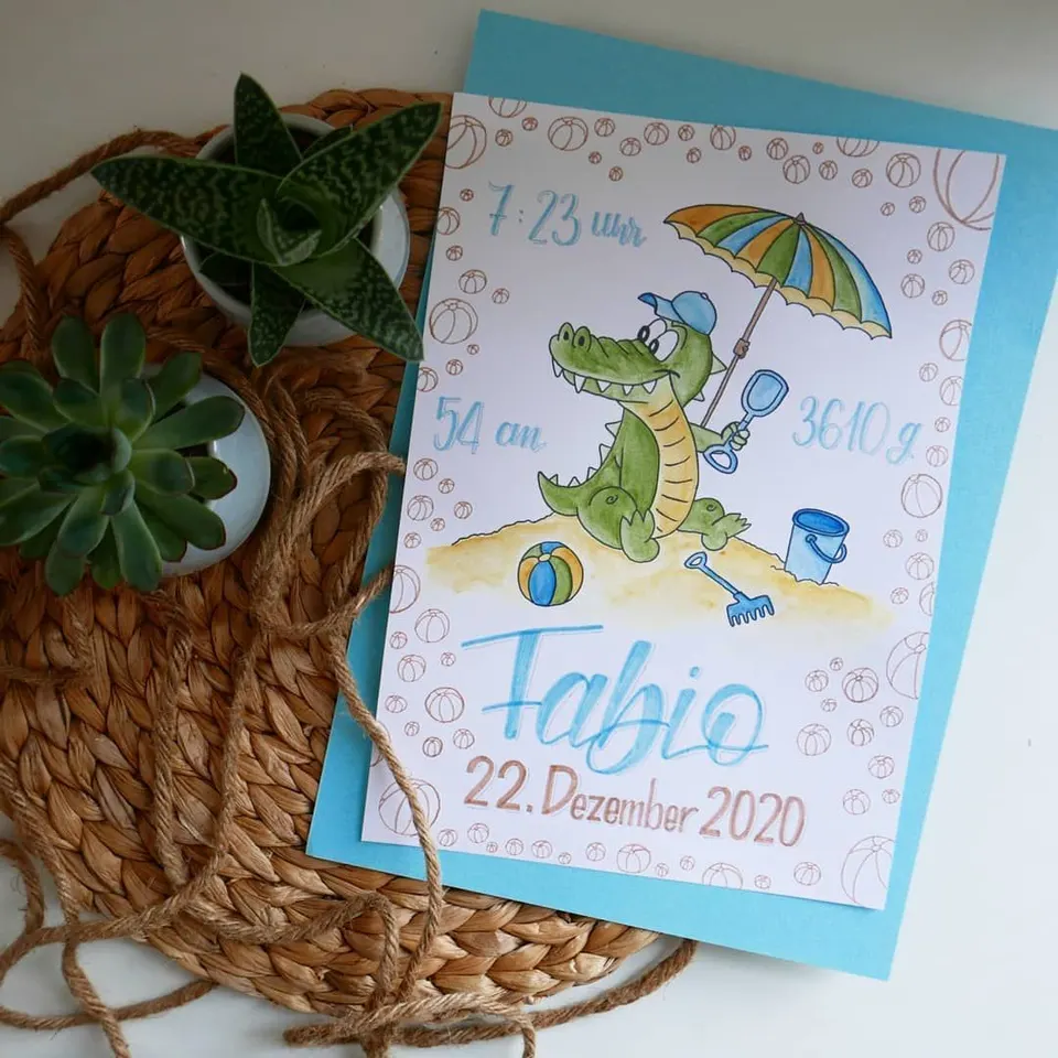 Affiche de naissance avec un crocodile sous un parasol et le prénom Tabio